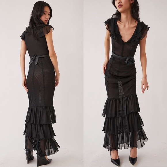 NWT TACH Handmade Sheer Tulle V-Neck Short Sleeve Tiered Ruffle Hem Maxi Gown S - Picture 9 of 12